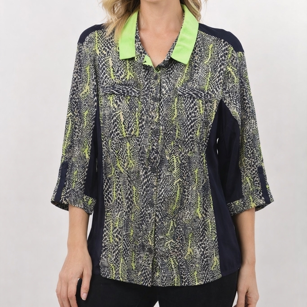 Tahari | Women's | Blouse | Neon Green and Black Animal Print | Size L - Picture 1 of 9